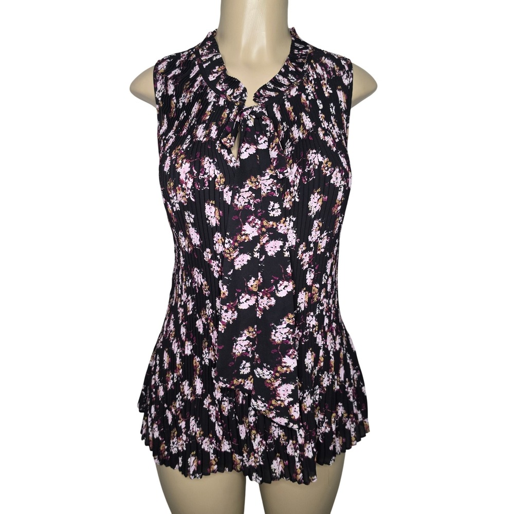 DKNY Top Womens XL Black Pink Floral Pleated Tie Neck Sleeveless Blouse 3174